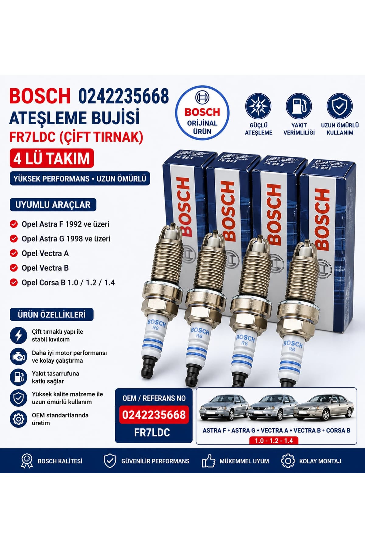 0242235668 FR7LDC Çift Tırnak Ateşleme Bujisi 4’lü Takım Opel Astra Corsa Vectra
