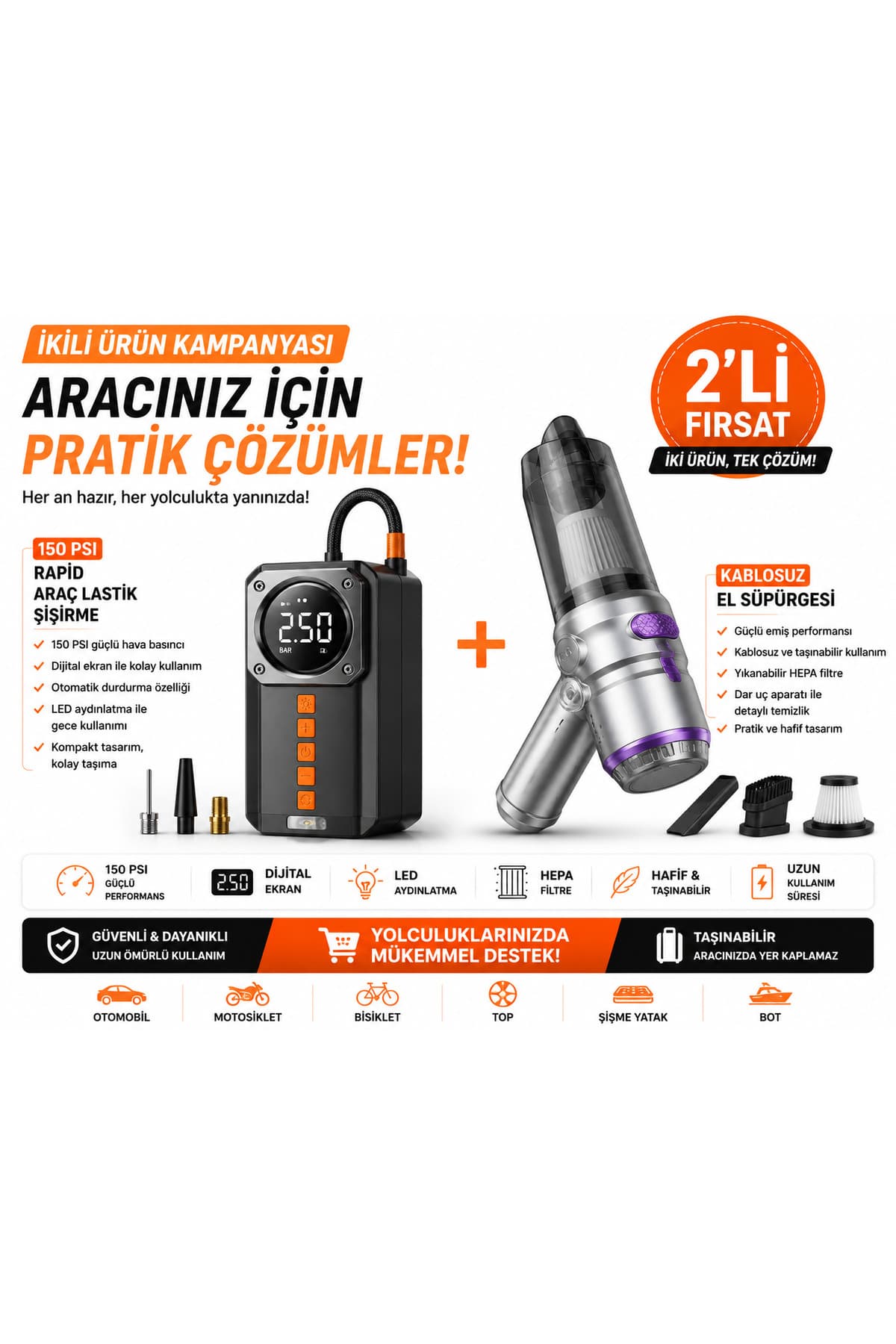4’ü 1 Arada Araç Acil Durum ve Temizlik Seti | 150 PSI Dijital Hava Kompresörü, Akü Takviye (Jump Starter), Powerbank, LED Fener ve HL-121 Kablosuz El Süpürgesi